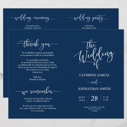 Wedding Ceremony Program, Elegant Script Navy Blue (Voorkant / Achterkant)