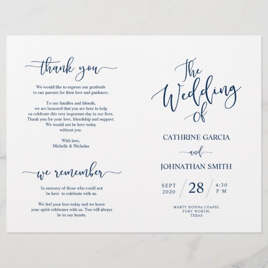 Wedding Ceremony Program, Elegant Script Navy Blue (Voorkant)