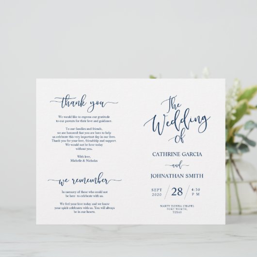 Wedding Ceremony Program, Elegant Script Navy Blue (Staand voorkant)