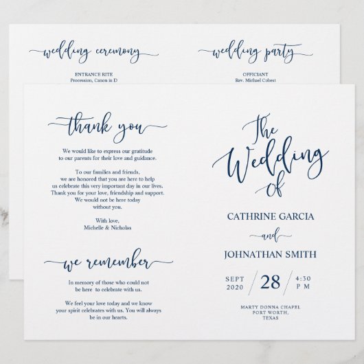 Wedding Ceremony Program, Elegant Script Navy Blue (Voorkant / Achterkant)