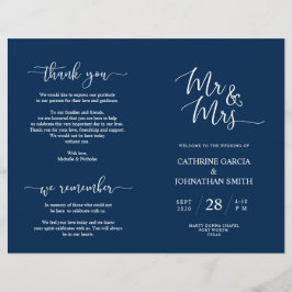 Wedding Ceremony Program, Elegant Script Navy Blue