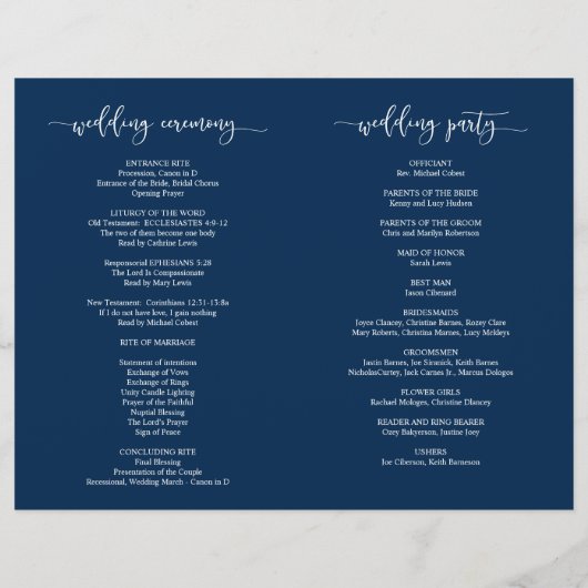 Wedding Ceremony Program, Elegant Script Navy Blue (Achterkant)