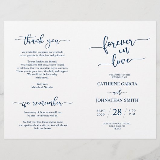 Wedding Ceremony Program, Elegant Script Navy Blue (Voorkant)
