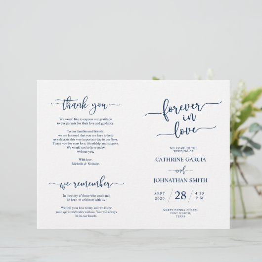 Wedding Ceremony Program, Elegant Script Navy Blue (Staand voorkant)