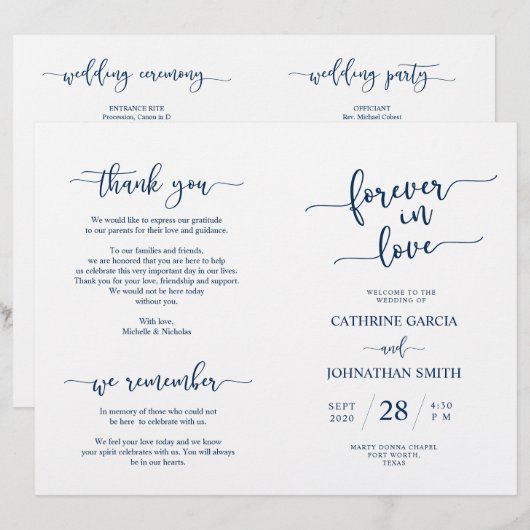 Wedding Ceremony Program, Elegant Script Navy Blue (Voorkant / Achterkant)