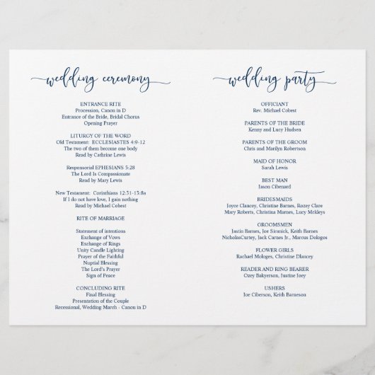 Wedding Ceremony Program, Elegant Script Navy Blue (Achterkant)