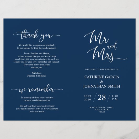 Wedding Ceremony Program, Elegant Script Navy Blue (Voorkant)
