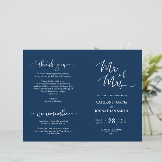 Wedding Ceremony Program, Elegant Script Navy Blue (Staand voorkant)