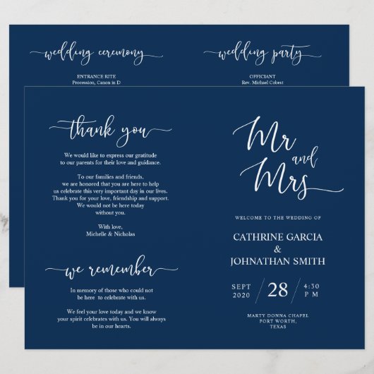 Wedding Ceremony Program, Elegant Script Navy Blue (Voorkant / Achterkant)