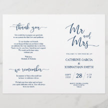 Wedding Ceremony Program, Elegant Script Navy Blue