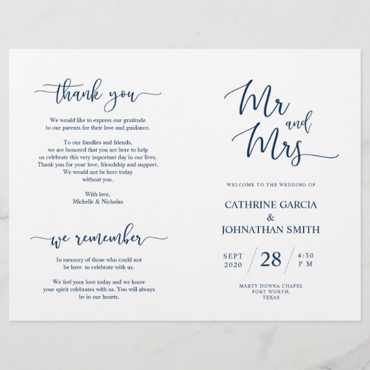 Wedding Ceremony Program, Elegant Script Navy Blue (Voorkant)