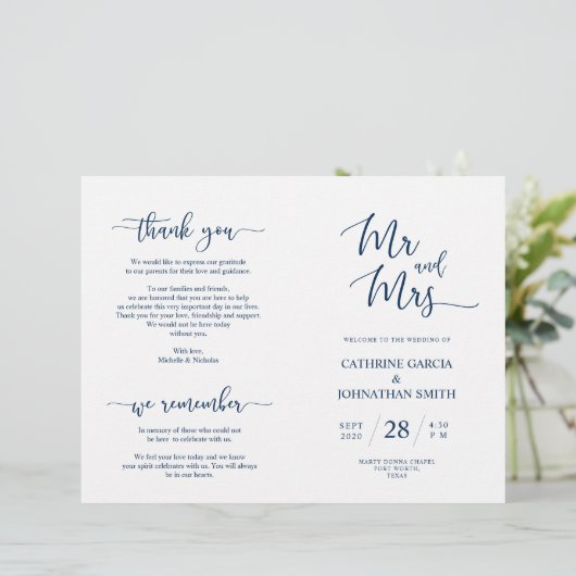 Wedding Ceremony Program, Elegant Script Navy Blue (Staand voorkant)