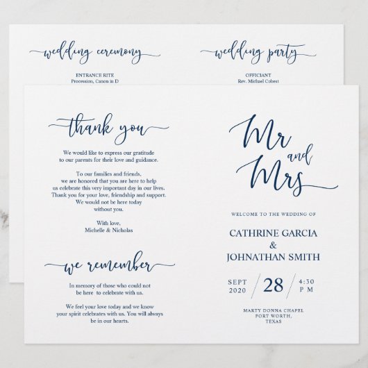Wedding Ceremony Program, Elegant Script Navy Blue (Voorkant / Achterkant)