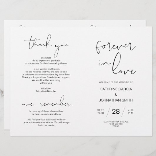 Wedding Ceremony Program, Modern Minimalist Black (Voorkant / Achterkant)