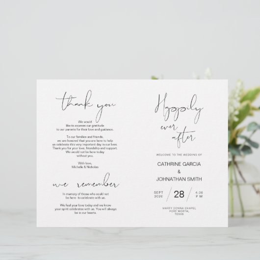 Wedding Ceremony Program, Modern Minimalist Black (Staand voorkant)