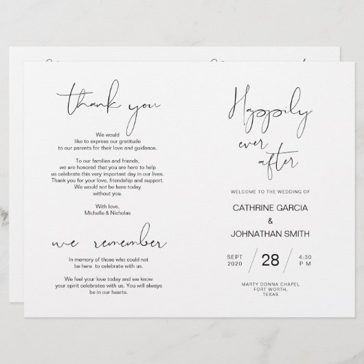 Wedding Ceremony Program, Modern Minimalist Black (Voorkant / Achterkant)