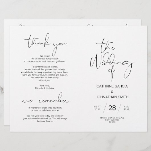 Wedding Ceremony Program, Modern Minimalist Black (Voorkant / Achterkant)