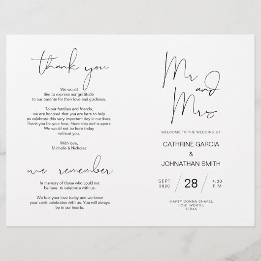 Wedding Ceremony Program, Modern Minimalist Black (Voorkant)