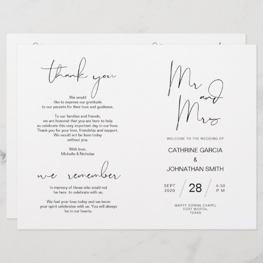 Wedding Ceremony Program, Modern Minimalist Black (Voorkant / Achterkant)
