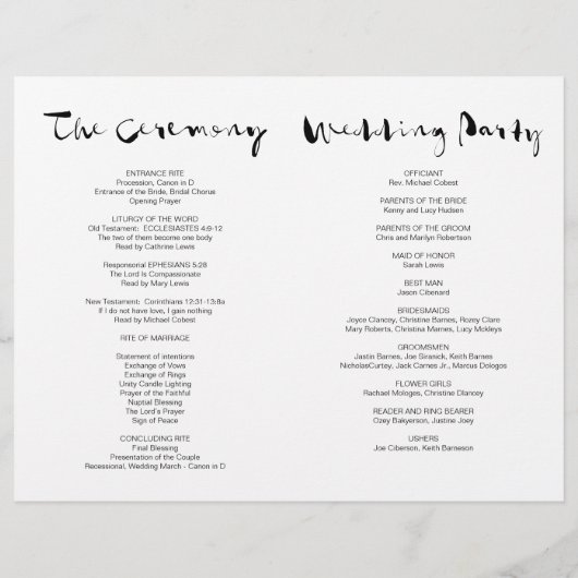 Wedding Ceremony Program, modern zwart lettertype (Achterkant)