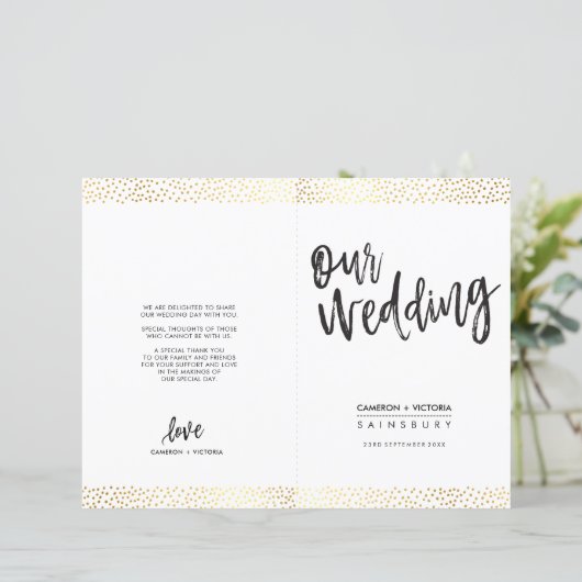 WEDDING CEREMONY PROGRAMMA borstel gouden confetti (Staand voorkant)