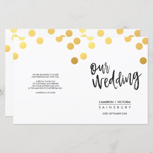 WEDDING CEREMONY-PROGRAMMA met handbediende goudvl (Voorkant / Achterkant)