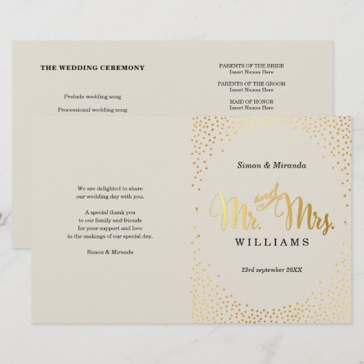WEDDING CEREMONY PROGRAMMA mini gold confetti crèm (Voorkant / Achterkant)