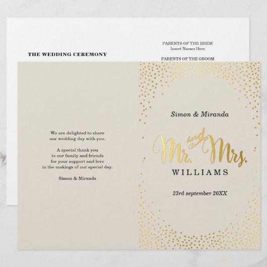 WEDDING CEREMONY PROGRAMMA mini gold confetti iory (Voorkant / Achterkant)