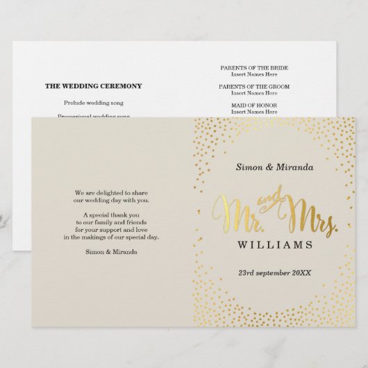WEDDING CEREMONY PROGRAMMA mini gold confetti iory (Voorkant / Achterkant)