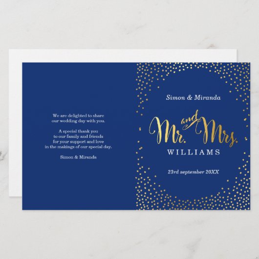 WEDDING CEREMONY PROGRAMMA mini gold confetti navy (Voorkant / Achterkant)