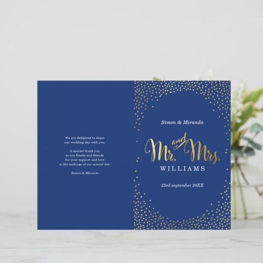 WEDDING CEREMONY PROGRAMMA mini gold confetti navy (Staand voorkant)
