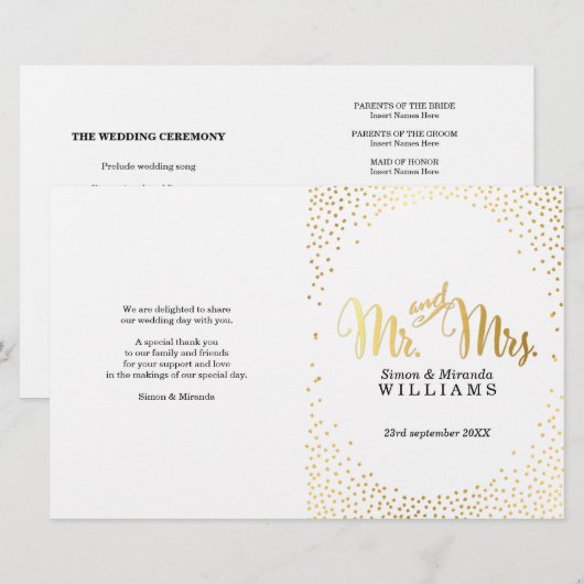 WEDDING CEREMONY PROGRAMMA mini gold confetti simp (Voorkant / Achterkant)