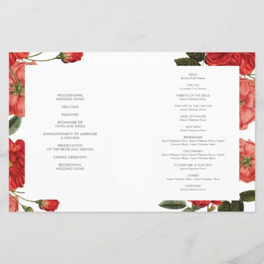 WEDDING CEREMONY PROGRAMMA  rode rozen floraal (Achterkant)