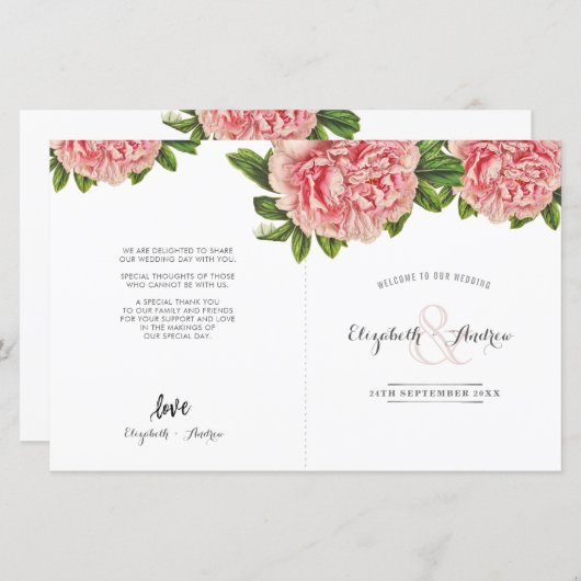 WEDDING CEREMONY PROGRAMMA roze bloemen pony'S (Voorkant / Achterkant)