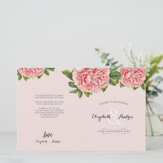 WEDDING CEREMONY PROGRAMMA roze bloemen pony'S (Staand voorkant)