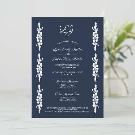 Wedding Chic Photo Navy & White Trendy Flowers Kaart (Staand voorkant)