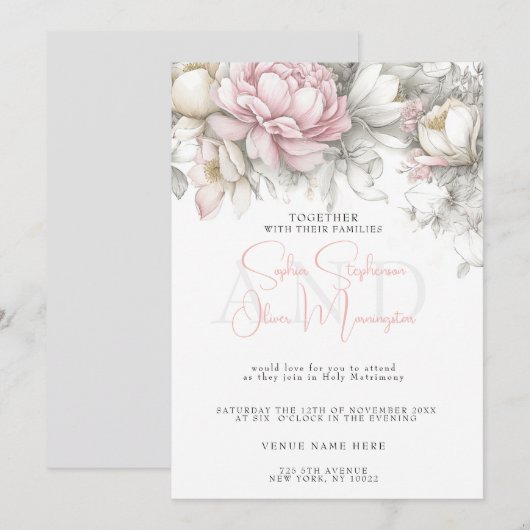 Wedding | Classic Modern Ivory and Blush Floral  Kaart (Voorkant / Achterkant)