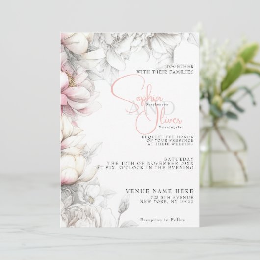 Wedding | Classic Modern Ivory and Blush Floral  Kaart (Staand voorkant)