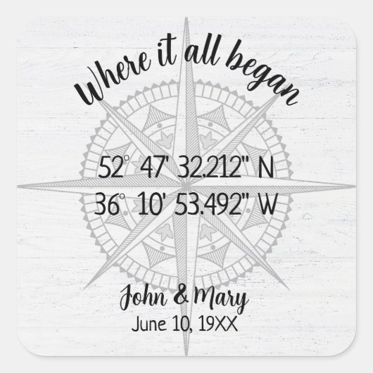 Wedding Compass GPS coördinaten Vierkante Sticker (Voorkant)