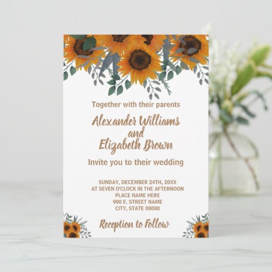 Wedding Country Chic Sunflower Greenery Kaart (Staand voorkant)