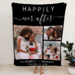 Wedding Couple Photo Collage Black Fleece Deken<br><div class="desc">Alleen wedding foto collage blanket for the perfect keepsake of your special day. "Happily Ever After" is written across the top in a mix of simpele white typography and a trendy white script with swashes. Personalize with three foto's,  your first names and your wedding date.</div>