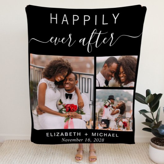 Wedding Couple Photo Collage Black Fleece Deken