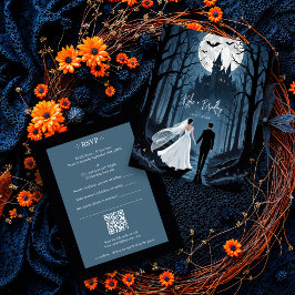 Wedding Couple Spooky Forest Toward Haunted Castle RSVP Kaartje