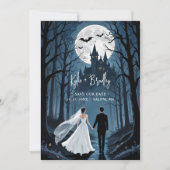 Wedding Couple Spooky Forest Toward Haunted Castle Save The Date (Voorkant)