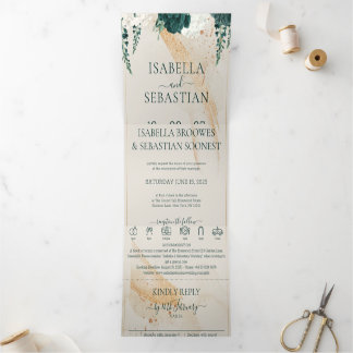 Wedding Cream All in one Emerald Green Rose Floral Drieluik Uitnodiging