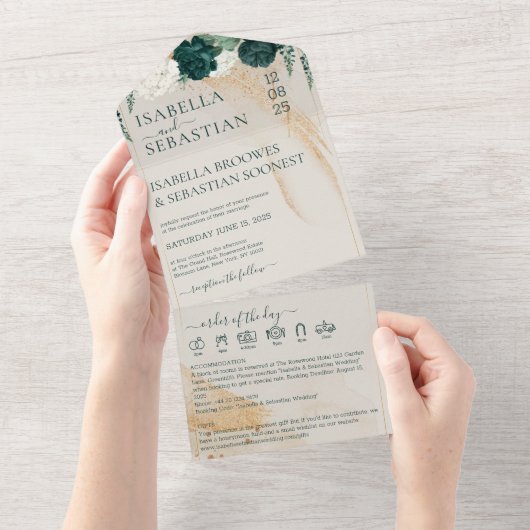 Wedding Cream All in save the date Emerald Green All In One Uitnodiging (Afscheurbaar)