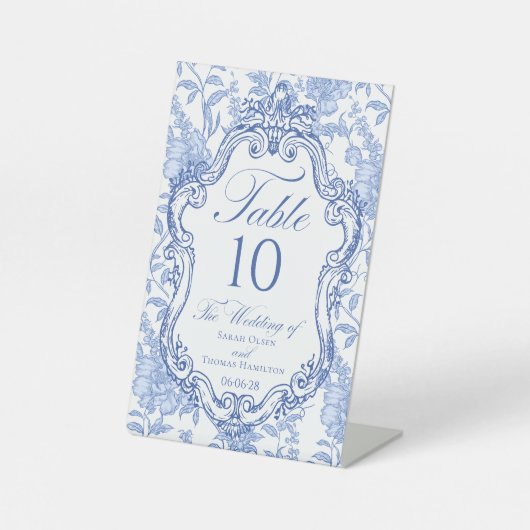 Wedding Crest Blue Floral Elegant Table Number Reclamebord Met Voetstuk (Voorkant)
