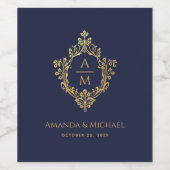 Wedding Crest Navy Blue Faux Gold Elegant Monogram Wijn Etiket (Enkel label)