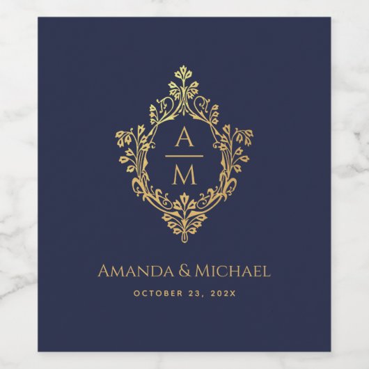 Wedding Crest Navy Blue Faux Gold Elegant Monogram Wijn Etiket (Enkel label)