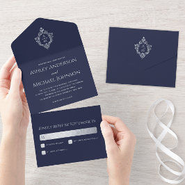 Wedding Crest Navy Blue Faux Silver Foil  All In One Uitnodiging
